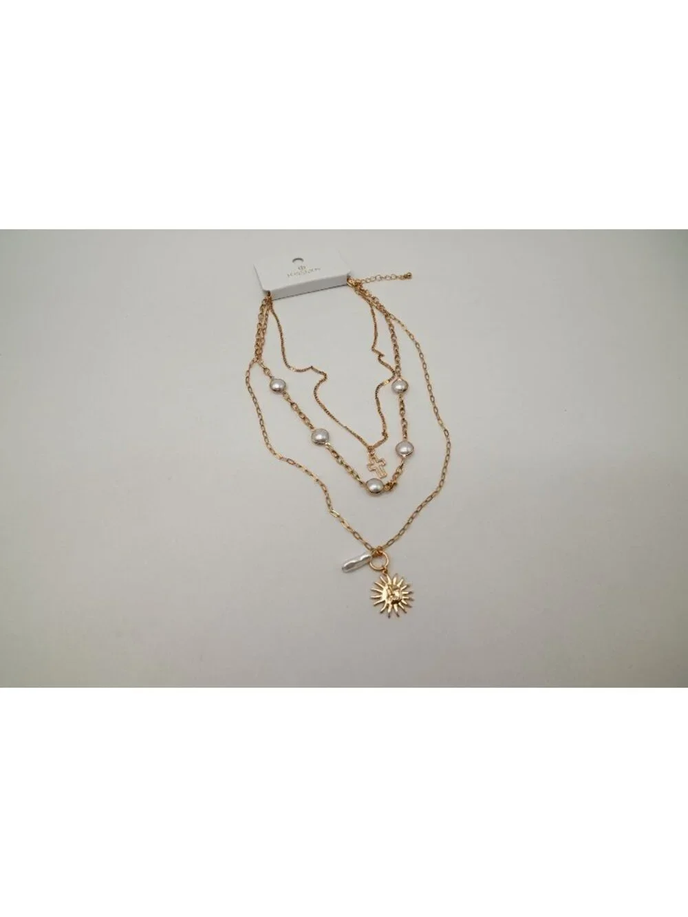 NWT Josslyn Multi Pearl Layer Pearl Sun Cross Charm Necklace Gold Tone Stack